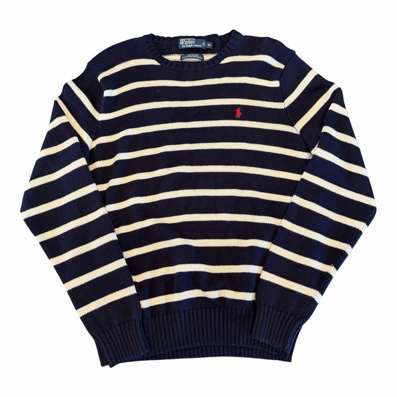 Ralph Lauren Other - Vintag Polo Ralph Lauren Blue White Stipe Cotton Crew Neck Sweater Red Pony XL